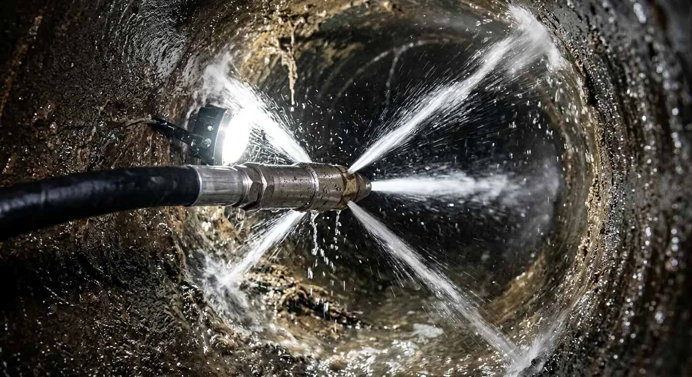 High-pressure hydro jetting nozzle cleaning sewer pipe for Emergency Drain Service in Blythewood