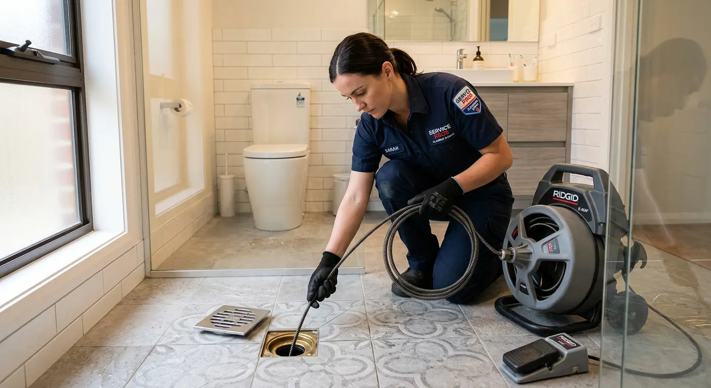 Technician clearing a bathroom floor drain for Drain Cleaning in Blythewood